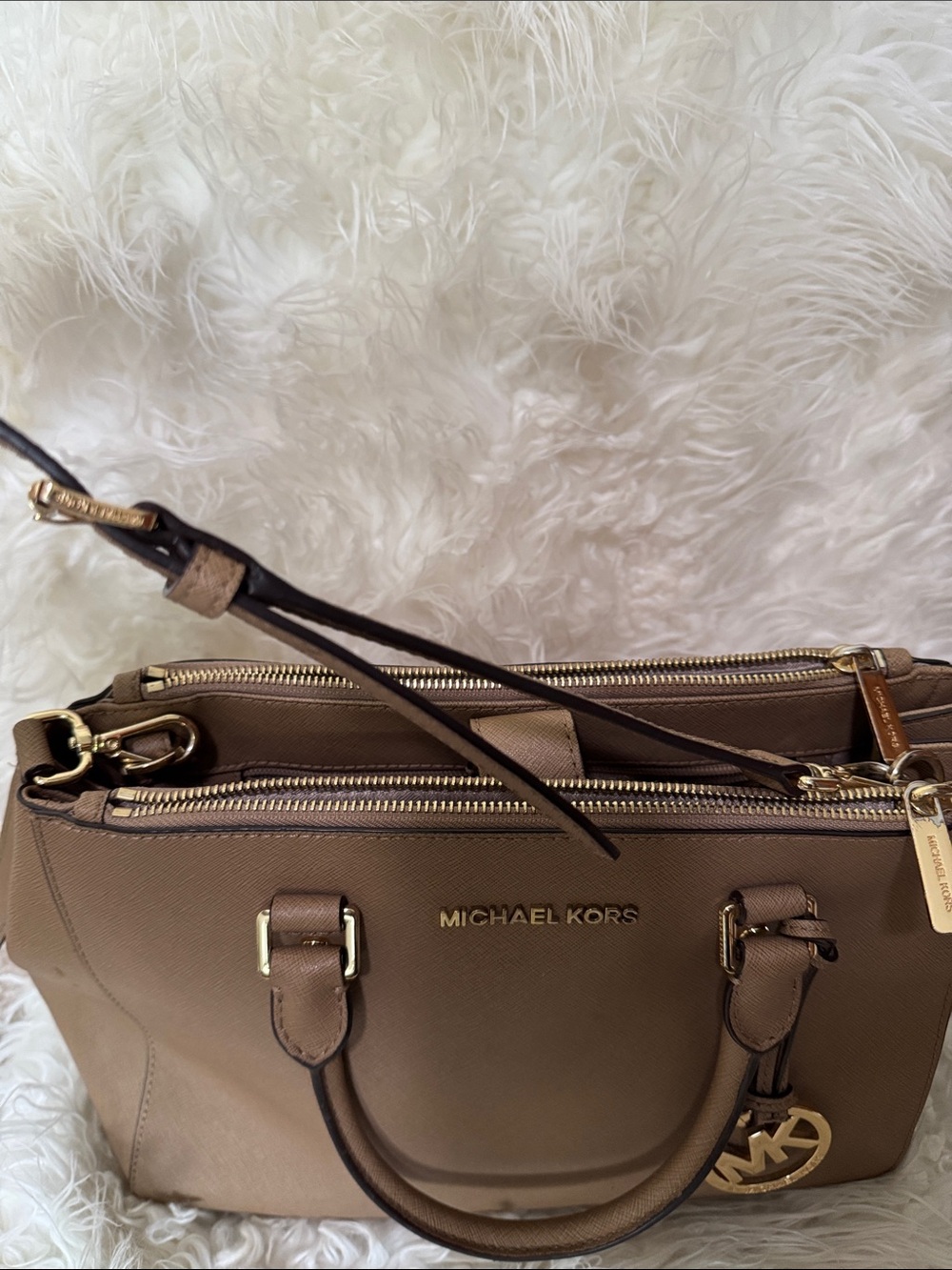 MICHAEL KORS Taupe Saffiano Leather Satchel with Gold Hardware - Picture 5 of 10